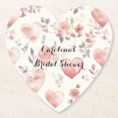 Romantic Pink Hearts Roses Floral Bridal Shower ペーパーコースター (正面)