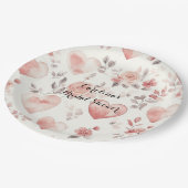 Romantic Pink Hearts Roses Floral Bridal Shower ペーパープレート (アングル)