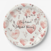 Romantic Pink Hearts Roses Floral Bridal Shower ペーパープレート (正面)
