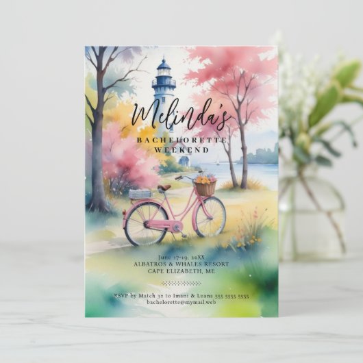 Romantic Pink Lighthouse Bachelorette Weekend 招待状 (スタンド正面)