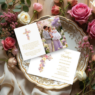 Romantic Pink Lilac Floral Cross Baptism 招待状