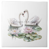 Romantic Pink Lotus Floral Swans Wedding タイル (正面)
