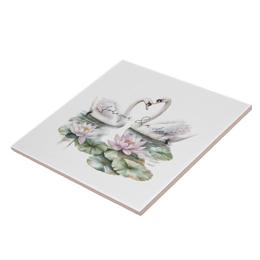 Romantic Pink Lotus Floral Swans Wedding タイル (側面)