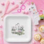 Romantic Pink Lotus Floral Swans Wedding ペーパープレート (パーティー)