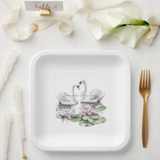 Romantic Pink Lotus Floral Swans Wedding ペーパープレート (ウェディング)