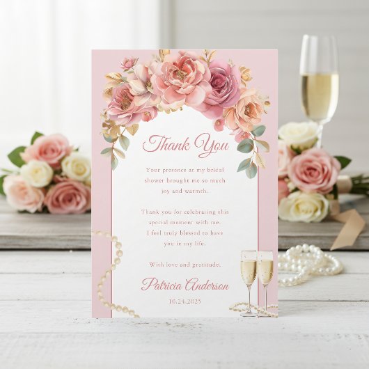 Romantic Pink Pearls & Prosecco Bridal Shower サンキューカード
