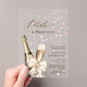 Romantic Pink Petals Prosecco Bow Bridal Shower  アクリル招待状 (インサイチュ (ポータブル))