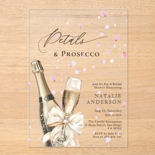 Romantic Pink Petals Prosecco Bow Bridal Shower  アクリル招待状 (正面)