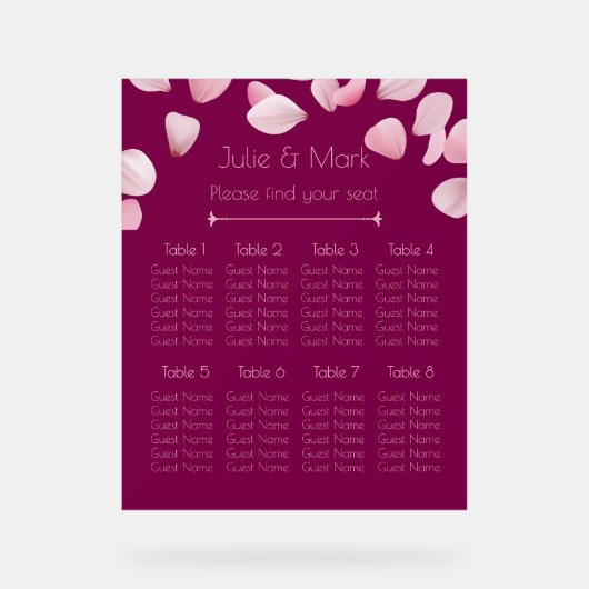 Romantic Pink Petals Wedding Seating Chart アクリルサイン (正面)