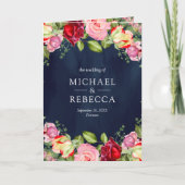 Romantic Pink Red Roses QR Code Navy Blue Wedding 招待状 (正面)