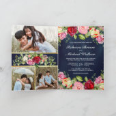 Romantic Pink Red Roses QR Code Navy Blue Wedding 招待状 (内部)