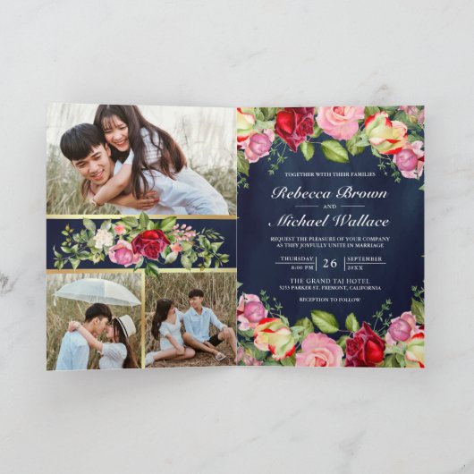 Romantic Pink Red Roses QR Code Navy Blue Wedding 招待状 (内部)