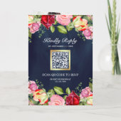 Romantic Pink Red Roses QR Code Navy Blue Wedding 招待状 (裏面)