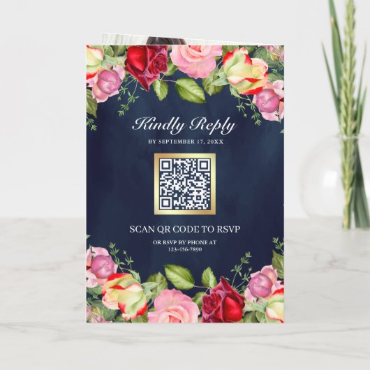 Romantic Pink Red Roses QR Code Navy Blue Wedding 招待状 (裏面)