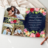 Romantic Pink Red Roses QR Code Navy Blue Wedding 招待状