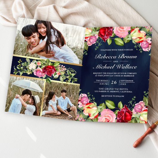 Romantic Pink Red Roses QR Code Navy Blue Wedding 招待状