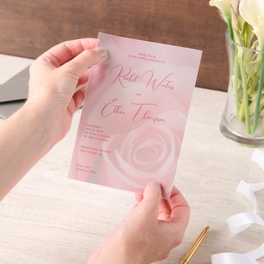 Romantic Pink Rose Wedding Invitation ベラム紙招待状 (ポータブル)