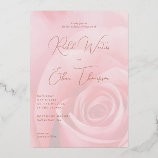 Romantic Pink Rose Wedding Invitation 箔招待状 (正面)