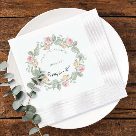 Romantic Pink Rose Wreath Wedding Paper Plates 縁ありカクテルナプキン