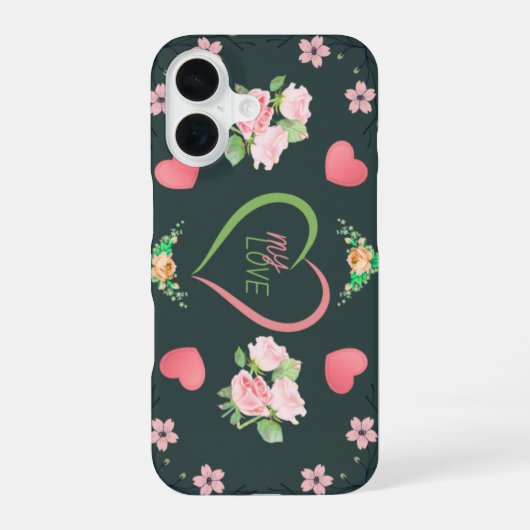 Romantic Pink Roses and Hearts My Love Phone Case iPhone 16ケース (裏面)