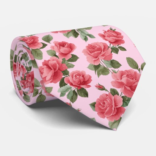 Romantic Pink Roses Botanical Pattern ネクタイ (ロール)