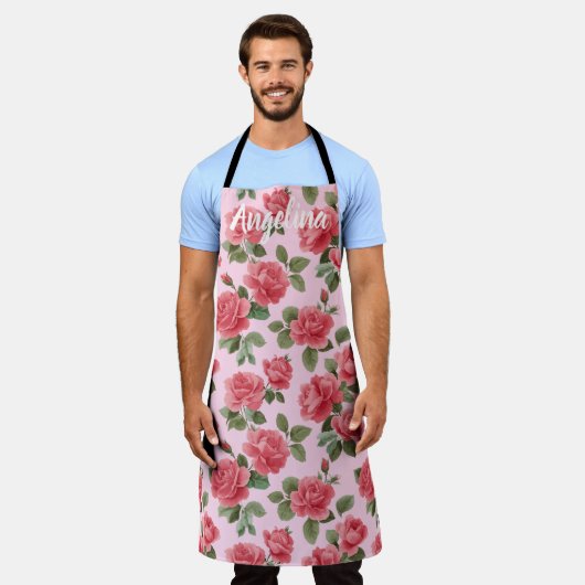 Romantic Pink Roses Botanical Pattern Custom エプロン (着用した状態)