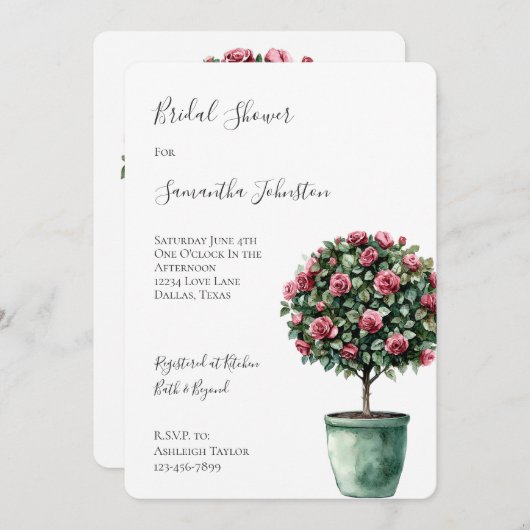 Romantic Pink Roses Floral Tree Bridal Shower 招待状 (正面/裏面)