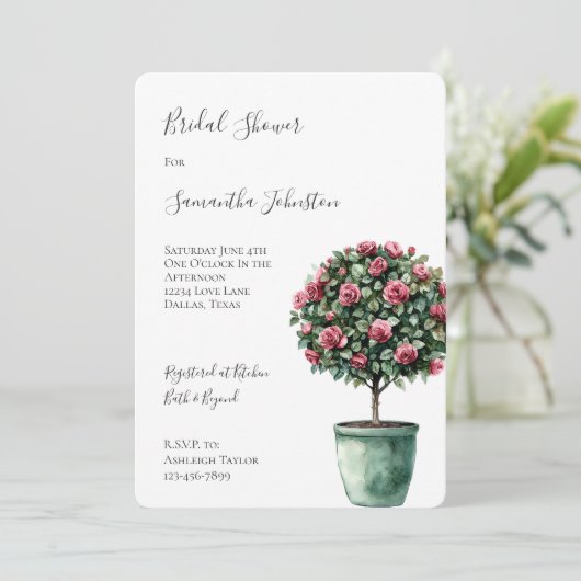 Romantic Pink Roses Floral Tree Bridal Shower 招待状 (スタンド正面)