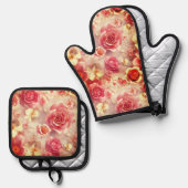 Romantic Pink Roses Motif 鍋つかみ&鍋敷きセット (正面/裏面)