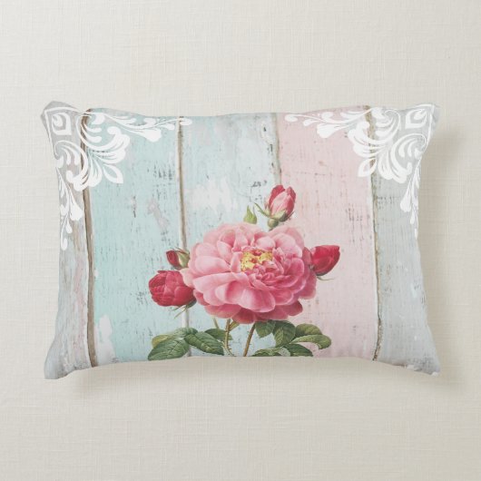 Romantic pink roses rustic background White lace アクセントクッション (正面)