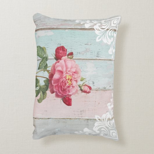 Romantic pink roses rustic background White lace アクセントクッション (裏面(縦))