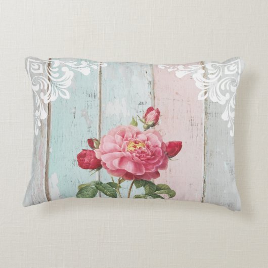 Romantic pink roses rustic background White lace アクセントクッション (裏面)