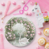 Romantic Pink Roses Swan Lake Floral Bridal Shower ペーパープレート (パーティー)