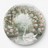 Romantic Pink Roses Swan Lake Floral Bridal Shower ペーパープレート (正面)