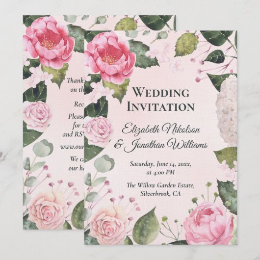 Romantic Pink Roses Wedding Invitation 招待状 (正面/裏面)