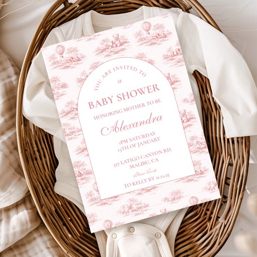 Romantic Pink Toile Baby Shower 招待状