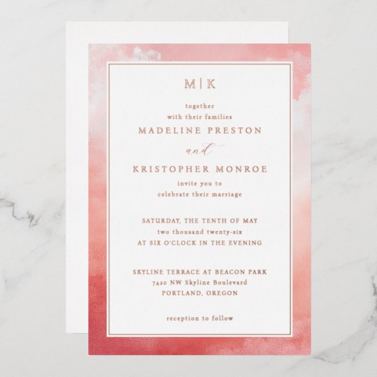 Romantic Pink Watercolor 箔招待状 (正面/裏面)