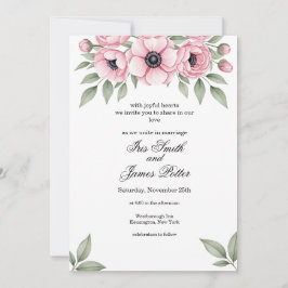 Romantic Pink Watercolor Anemone Floral wedding 招待状