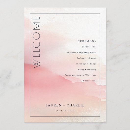 Romantic Pink Watercolor Ceremony Schedule プログラム (正面)