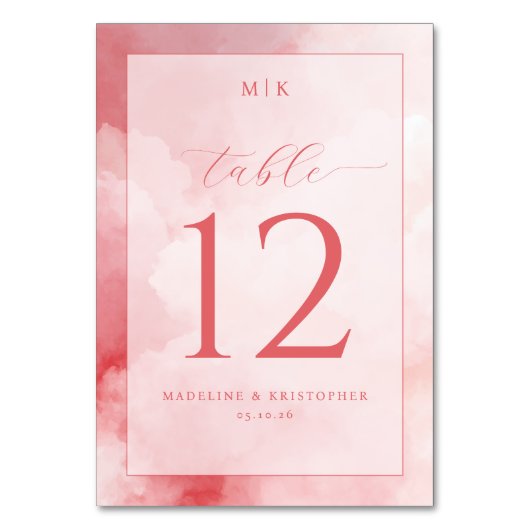 Romantic Pink Watercolor Table Number テーブルナンバー (正面)