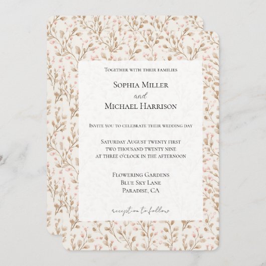 Romantic Pretty Blush Pink Cream Floral Wedding 招待状 (正面/裏面)