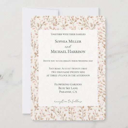 Romantic Pretty Blush Pink Cream Floral Wedding 招待状 (正面)