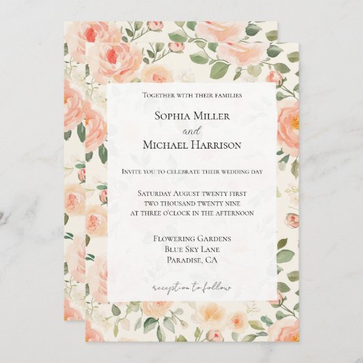 Romantic Pretty Cream Peach Floral Wedding 招待状 (正面/裏面)