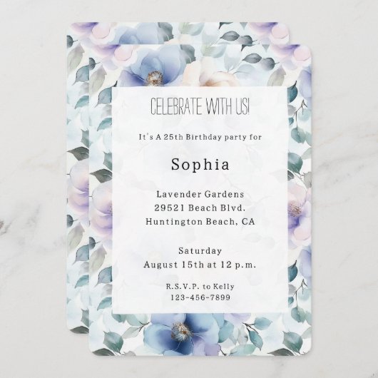 Romantic Pretty Lavender Flowers Birthday 招待状 (正面/裏面)