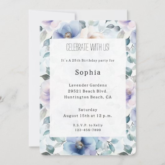 Romantic Pretty Lavender Flowers Birthday 招待状 (正面)