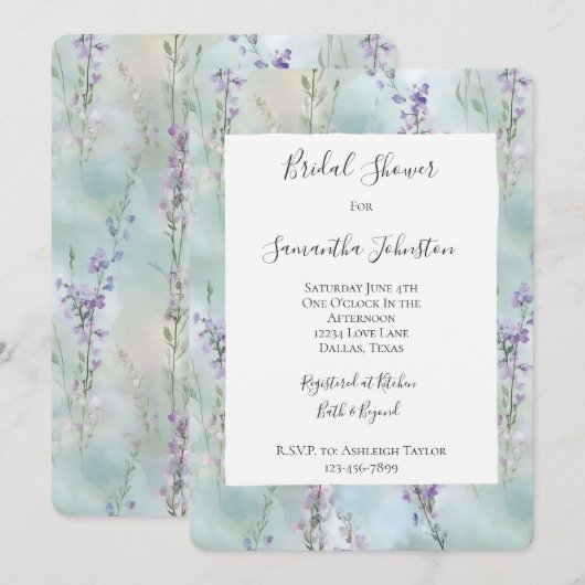 Romantic Pretty Lavender Flowers Bridal Shower 招待状 (正面/裏面)
