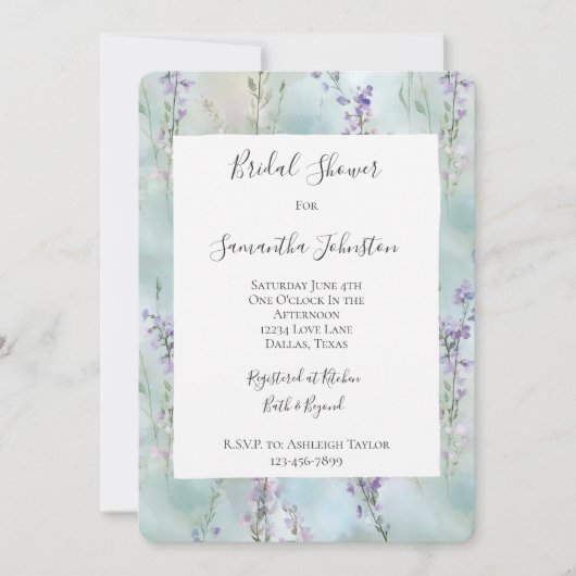 Romantic Pretty Lavender Flowers Bridal Shower 招待状 (正面)