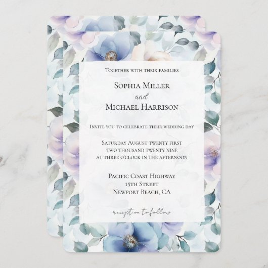 Romantic Pretty Lavender Flowers Wedding 招待状 (正面/裏面)