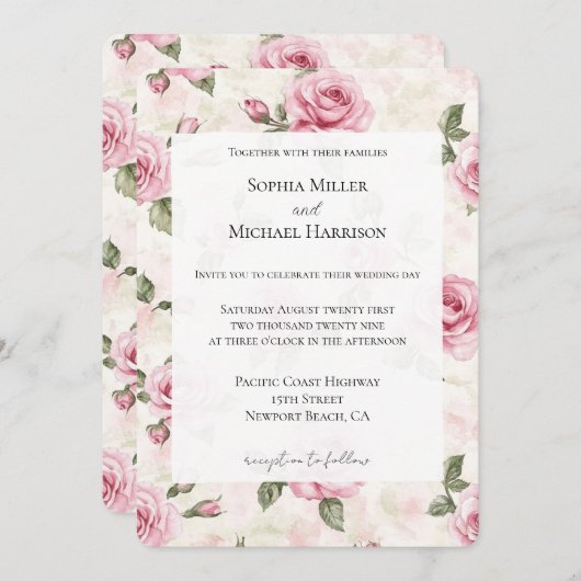 Romantic Pretty Pink Roses Floral Wedding 招待状 (正面/裏面)