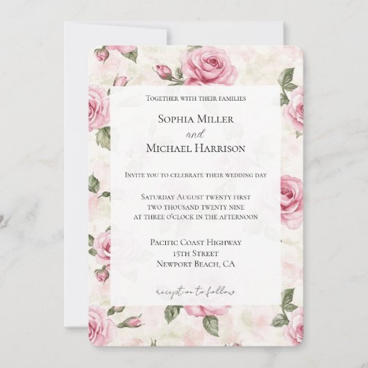 Romantic Pretty Pink Roses Floral Wedding 招待状 (正面)
